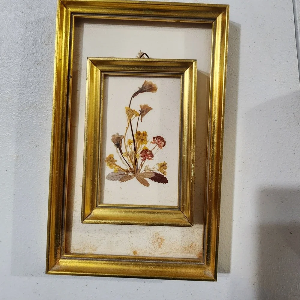 Vintage Reichlin Switzerland Pressed Flower Butterfly Art Gold Frames Set of 2